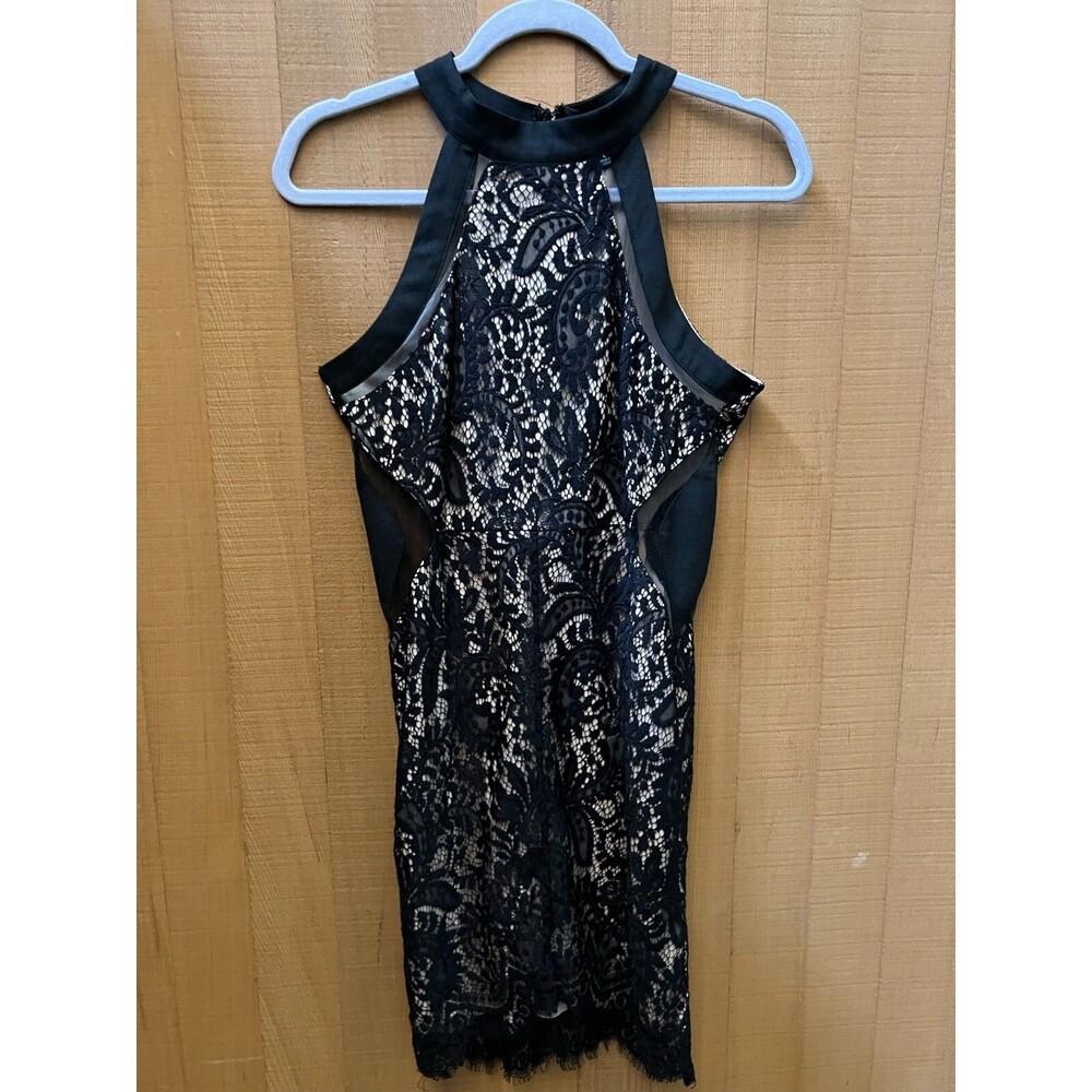 Shinestar Black Lace Sheath Little Black Dress Large nude lined zipper short